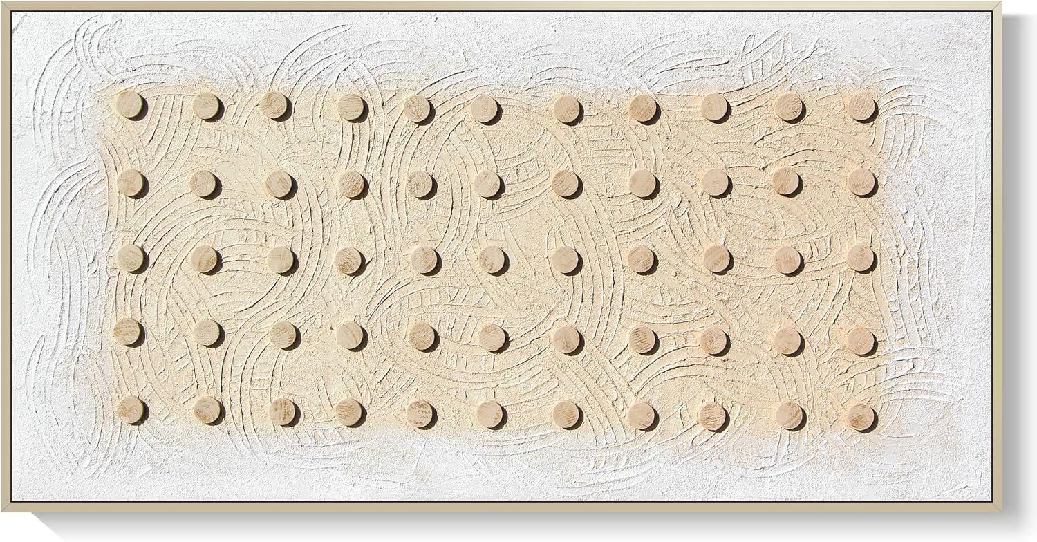 GeekMacro Wooden Dot Textured Wall Art - Hand Painted Oil Painting 24 x 48 White Canvas Large Horizontal Framed Artwork for Living Room Bedroom Wall Decor
