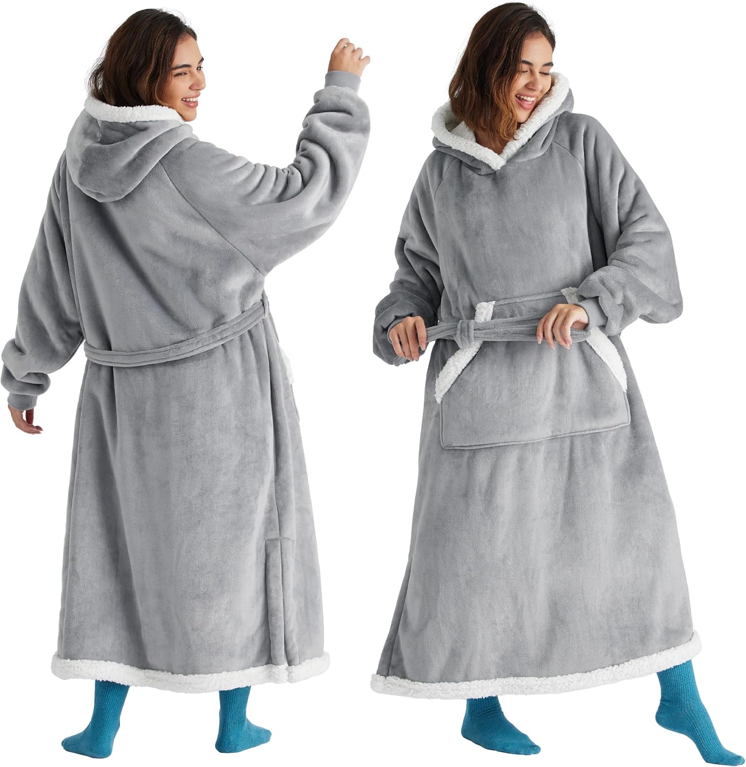 Bedsure Wearable Blanket Hoodie, Long Hooded Blanket Sweatshirt as Birthday Gifts for Women, Cozy Sherpa Hoodie for Adult, Standard, Grey