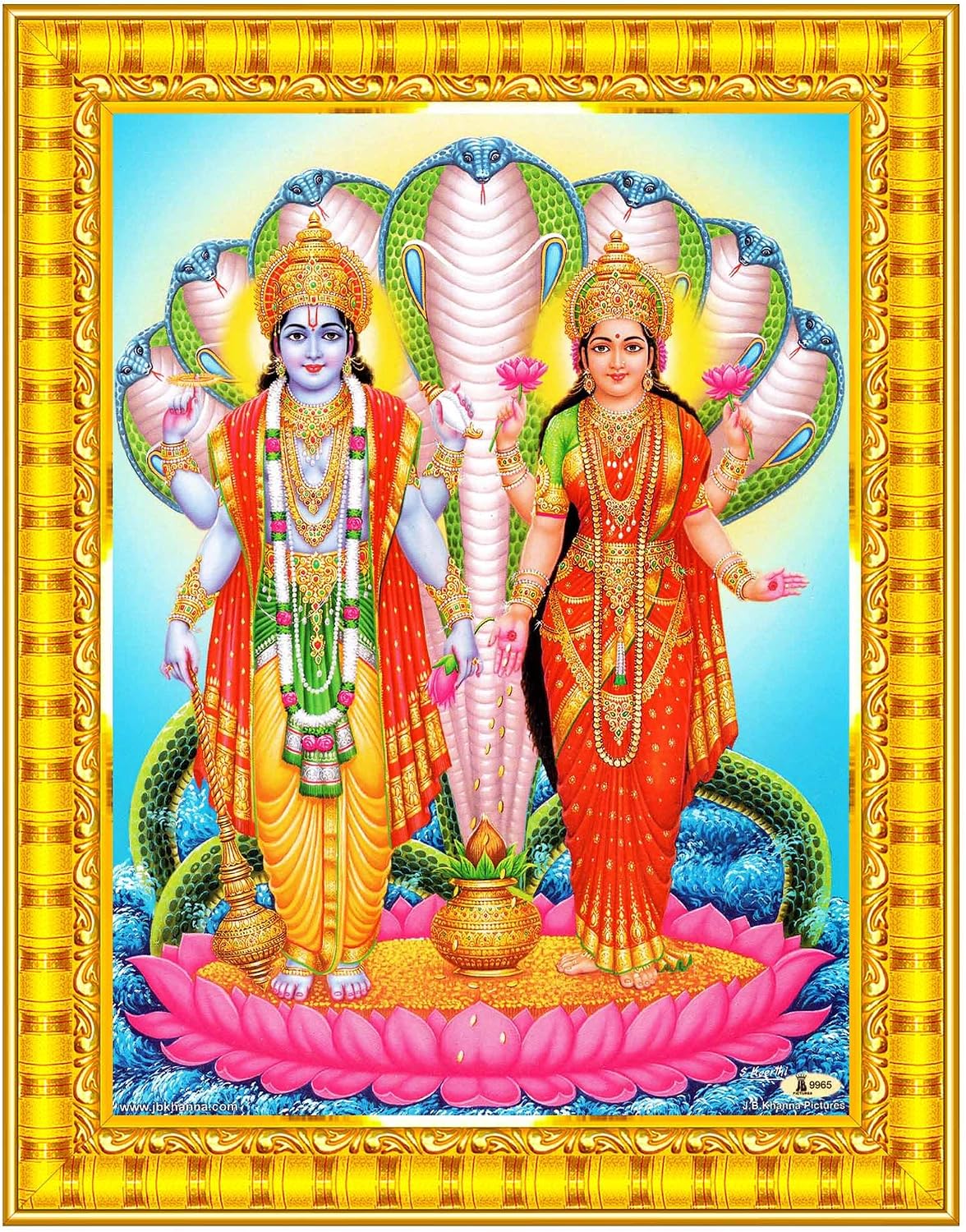 Pavan Photo Laminations Lord Vishnu Dev Lakshmi Devi Laxmi Narayan Ji Wall Painting Framed Home Decor (Wood,Matte,Gold,Small Size,6 x 8 Inch) R582S