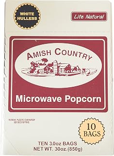 Amish Country Popcorn | Old Fashioned Microwave Popcorn | 10 Bags Lite Natural White Hulless | Non-GMO, Gluten Free, Microwaveable and Kosher (10 Bags)