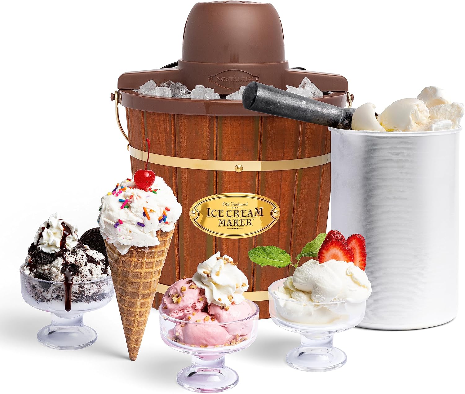 Nostalgia Electric Ice Cream Maker - Old Fashioned Soft Serve Ice Cream Machine Makes Frozen Yogurt or Gelato in Minutes - Fun Kitchen Appliance - Vintage Wooden Style - Dark Wood - 4 Quart