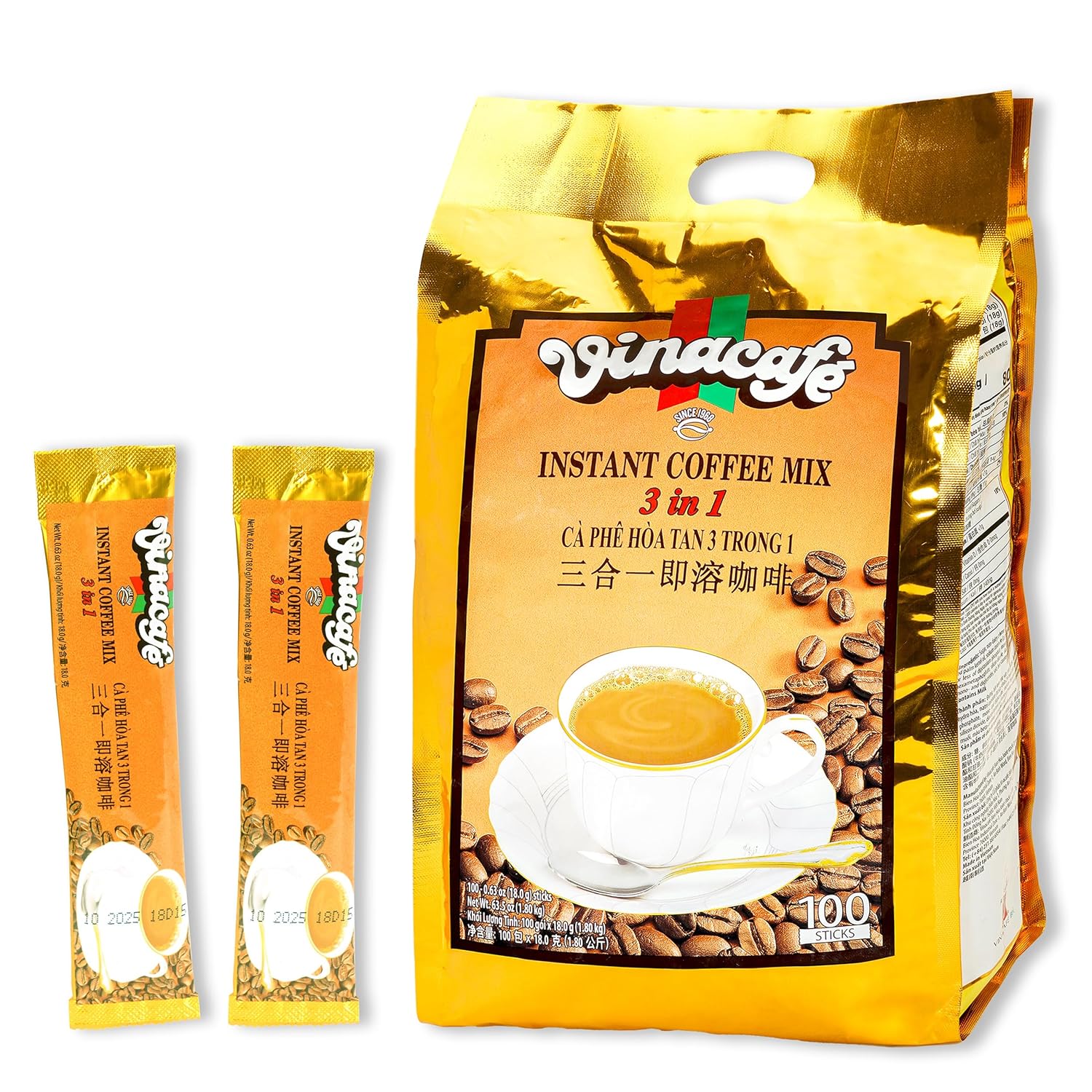 Vinacafe Premium 100 Sticks 3 in 1 Instant Coffee Mix, Single Serves