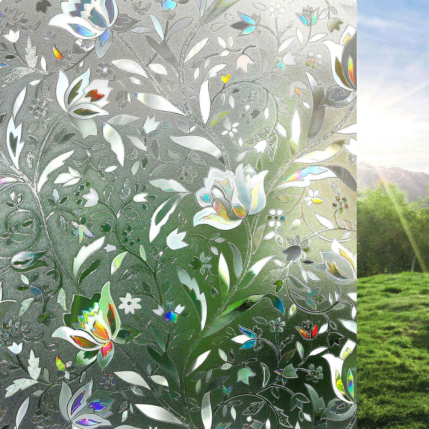 rabbitgoo Window Privacy Film, Stained Glass Cling, Tulip 17.5" x 78.7"