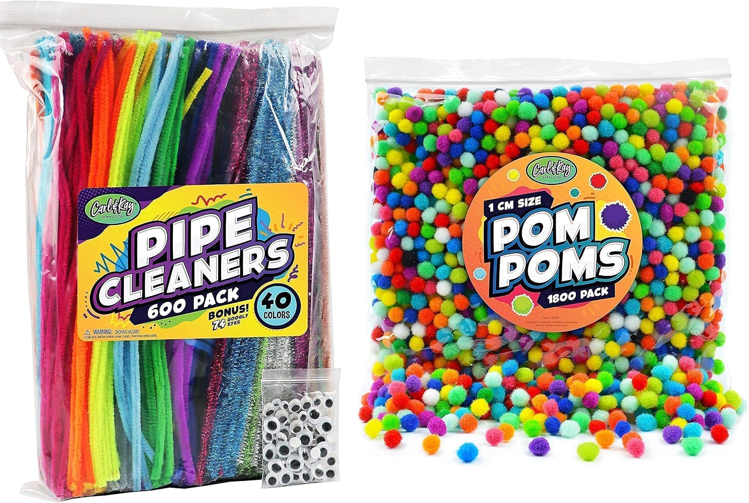 Carl & Kay 1800 Pom Poms 1 cm & 600 Pipe Cleaners with 74 Googly Eyes