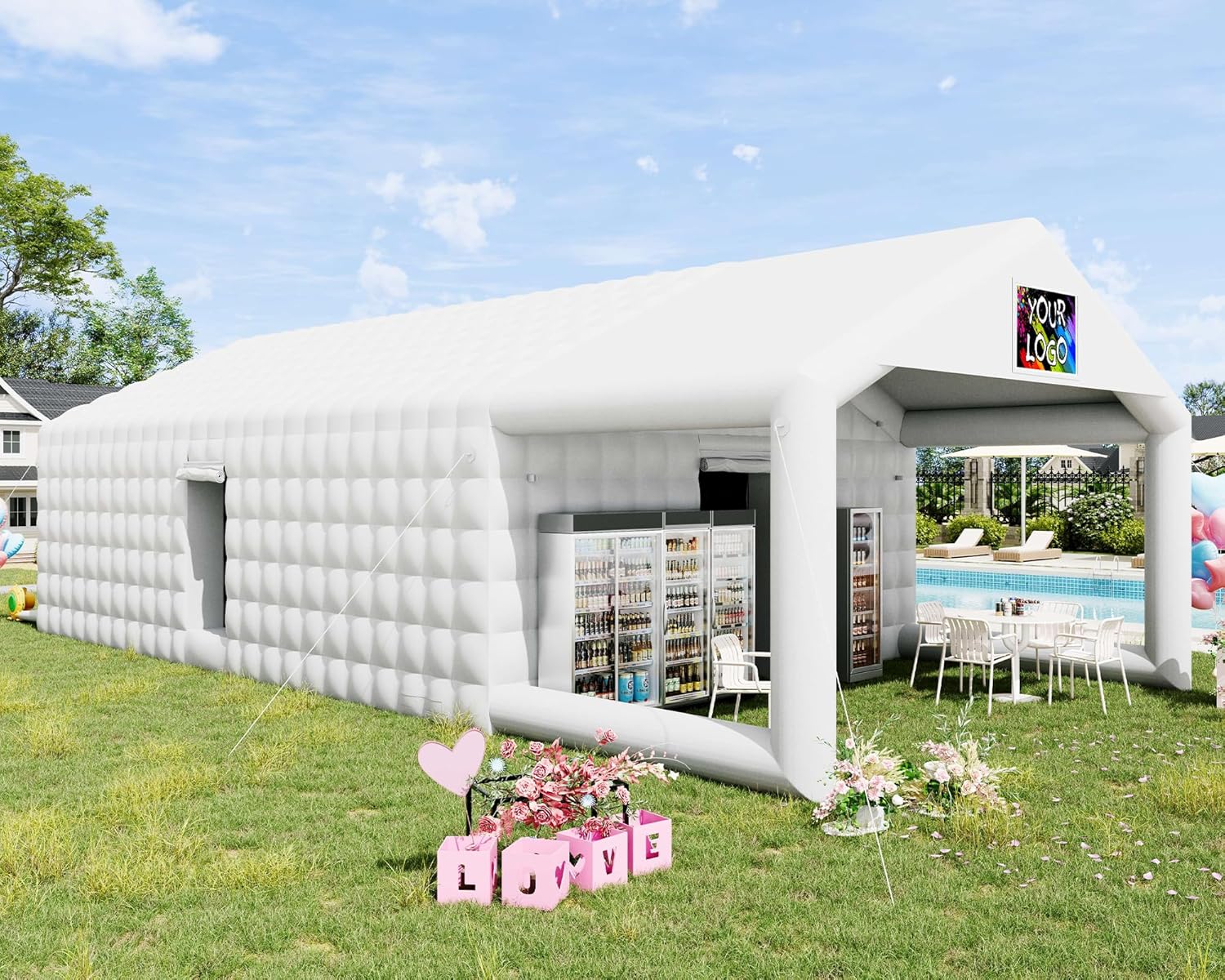 SPECRAFT 39x20x14 FT Large Inflatable Nightclub Tent for Adults with Pavilion Rest Area, Black Inflatable Night Club Gazebo with 2 Side Doors & Logo Area for Wedding, Birthday, Backyard Events, White