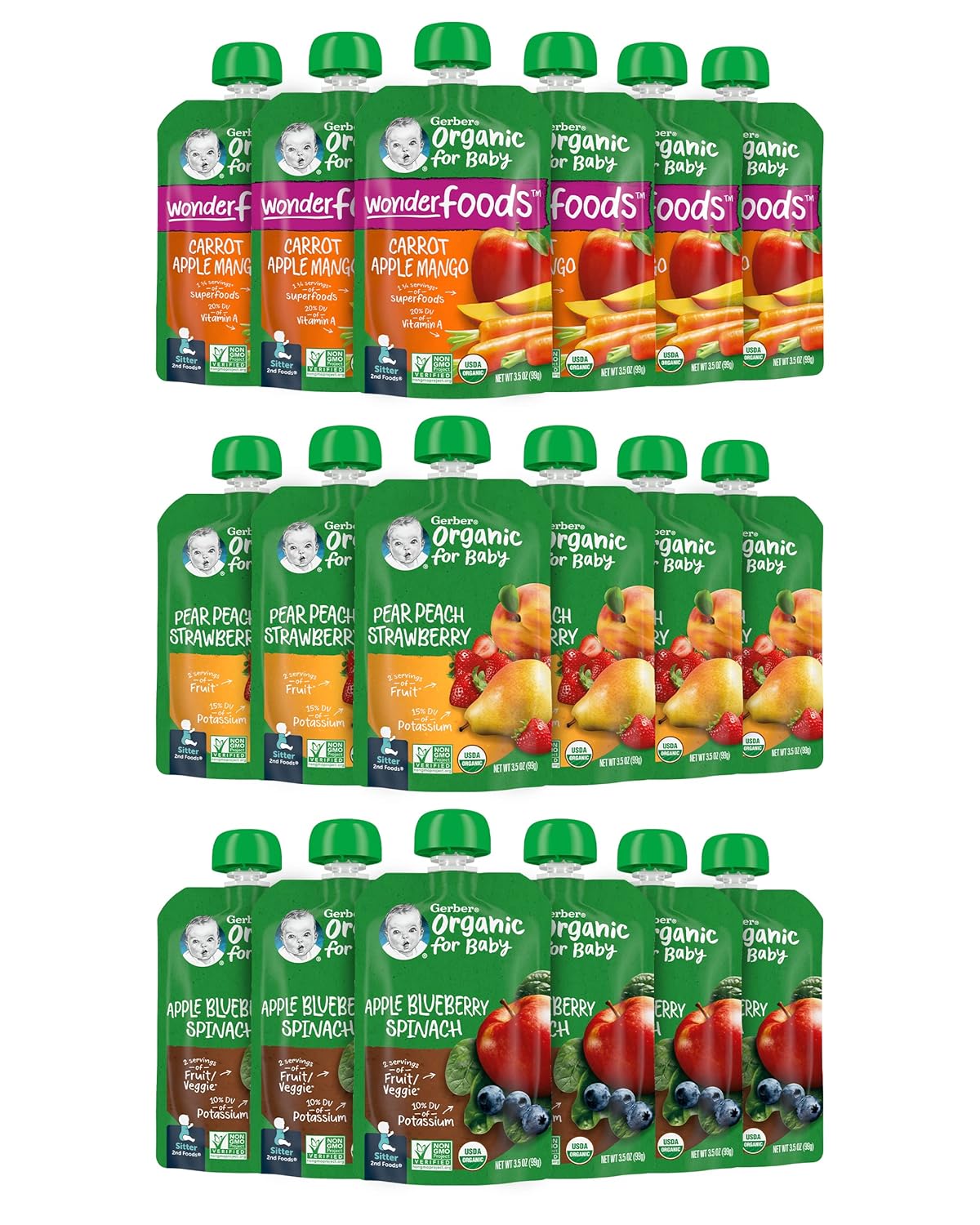 Gerber Organic Baby Food Pouches, 2nd Foods for Sitter, Fruit & Veggie Variety Pack, 3.5 Ounce (Set of 18)