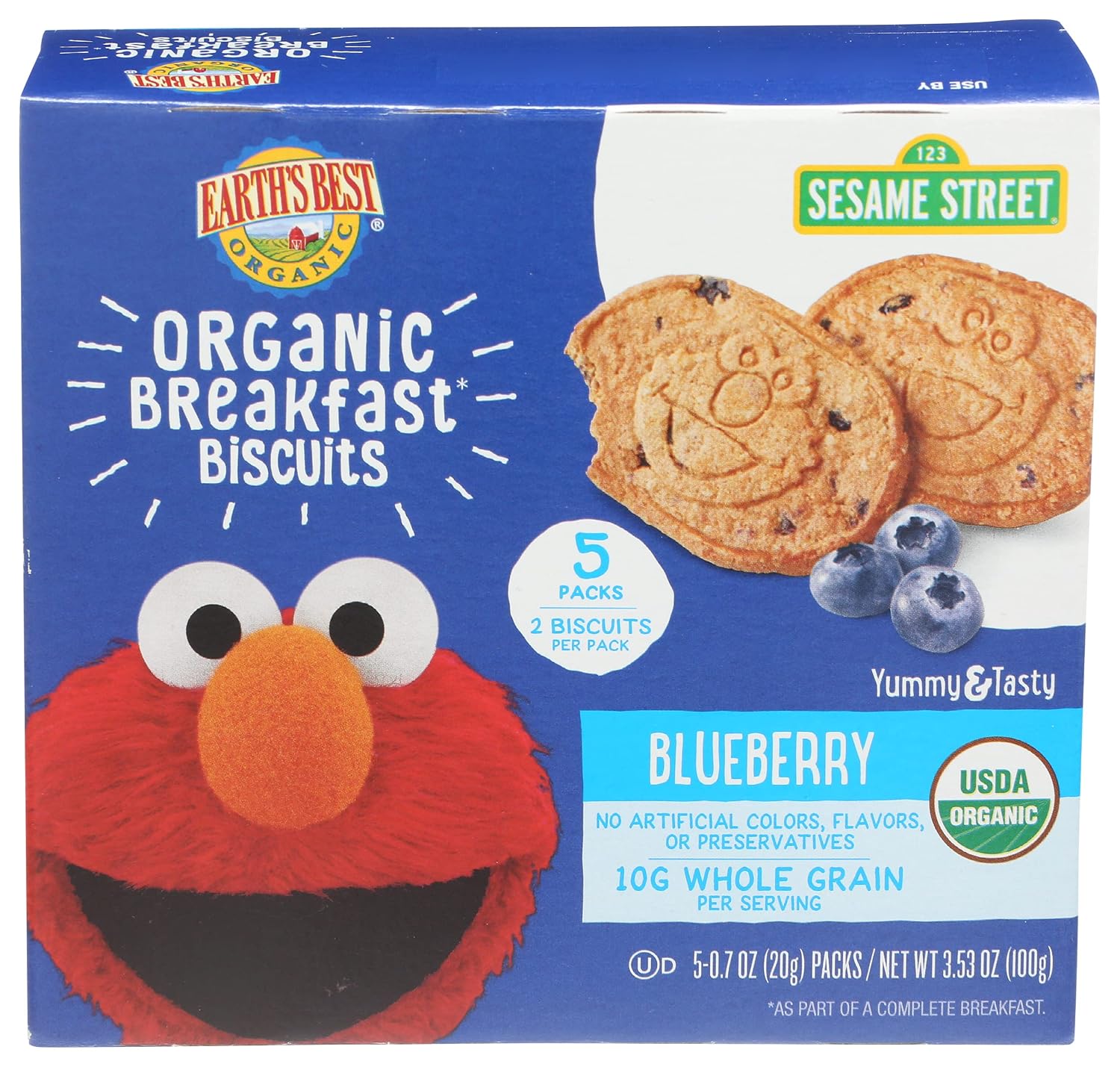 Earth's Best Organic Kids Snacks, Sesame Street Toddler Snacks, Organic Breakfast Biscuits for Kids 2 Years and Older, Blueberry, 5 Packs of 2 Biscuits per Box (Pack of 6)