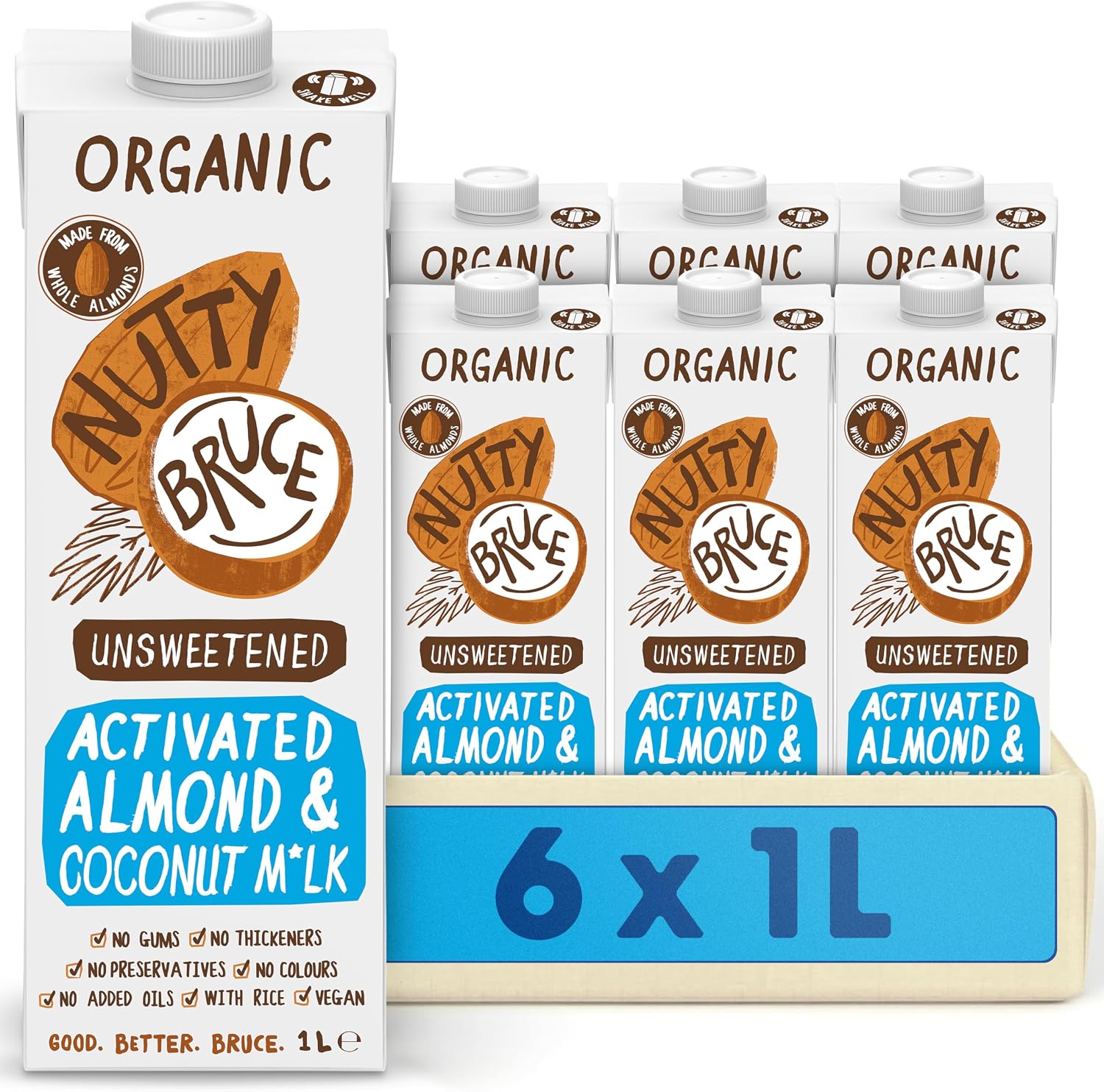 Nutty Bruce - Unsweetened Activated Almond & Coconut Milk - Certified Organic & Vegan Alternative Milk, No Preservatives or Added Oils, Lactose Free, Dairy Free, Soy Free - 6 pack x 1L