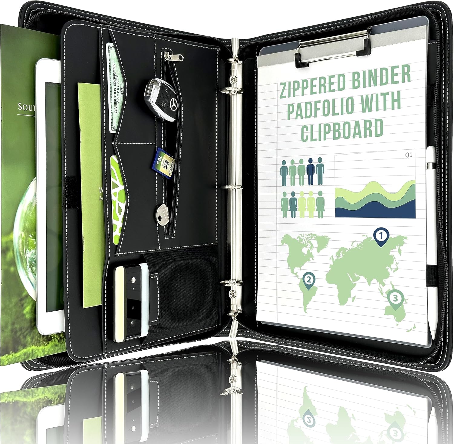 STYLIO Zipper Portfolio Binder | Padfolio 3 Ring Binder (1") and Clipboard Folio (Removable) | Portfolio Organizer for Documents, iPad, Tablet, Phone | Faux Leather Notebook for Men & Women