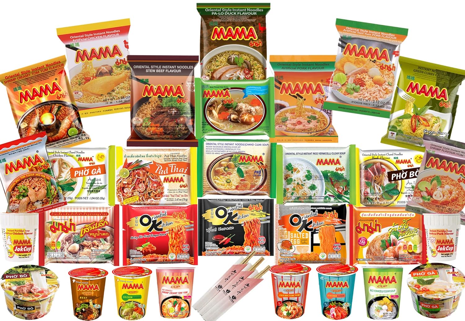 HCG MAMA Top Ramen Instant Noodles With Chopsticks, Mama Party Time 15 packs Mix 15 Piece Set