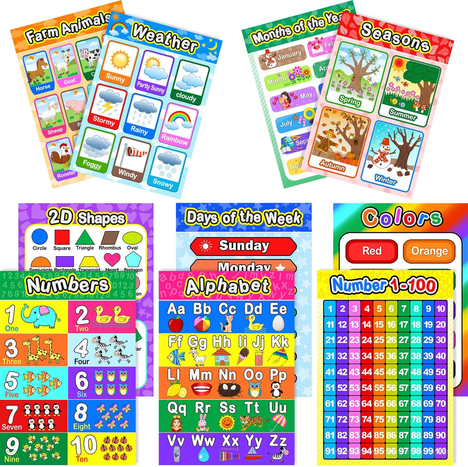 Blulu Educational Preschool Poster with Glue Point Dot for Nursery Homeschool Classroom Teach Numbers Alphabet Colors Days and More 16 x 11 Inch (12 Pieces, English Style)(Style B,10 Pieces)