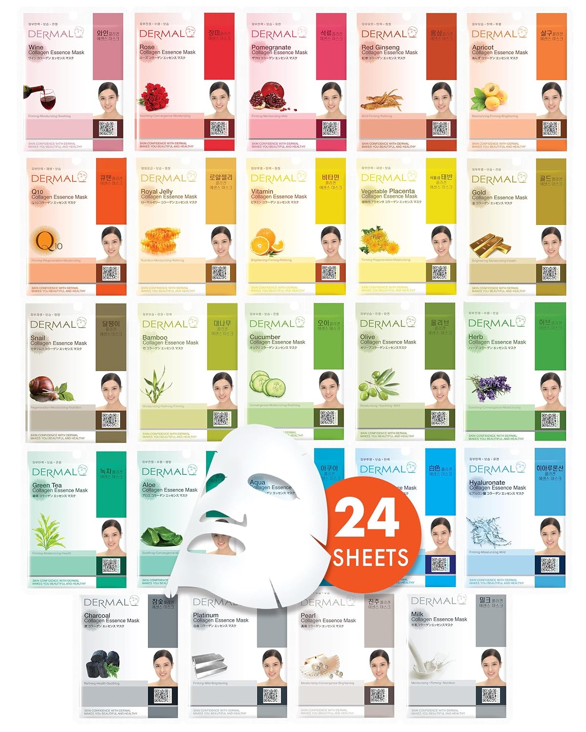 DERMAL Made in Korea Facial Mask – 20+ Years of Trusted K-Beauty, Premium Quality vs. Generic Chinese Masks, Best Value Sheet Mask for Daily Skincare – 24 Combo Pack