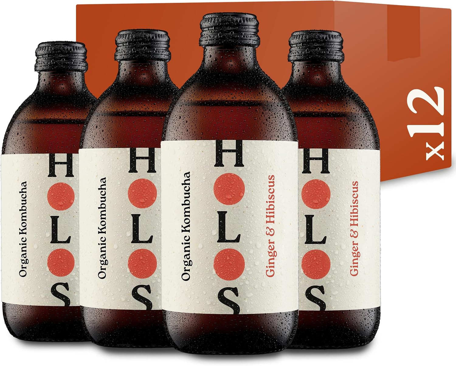 HOLOS Kombucha Drink Ginger & Hibiscus - Organic Kombucha Tea - Chilled, Unpasteurised Raw Kombucha - Vegan, All-Natural Ingredients - 12 x 330ml Kombucha Bottles