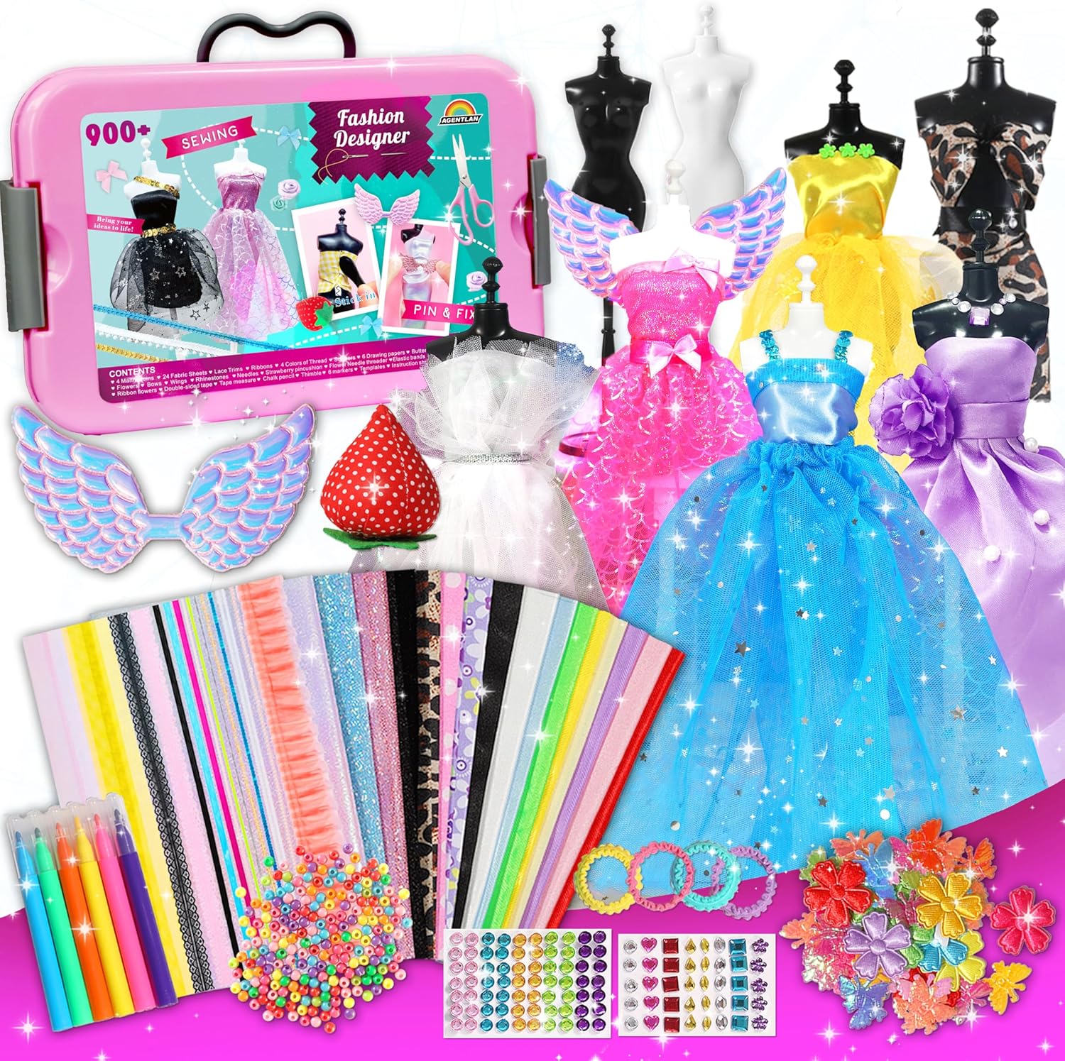 AGENTLAN 900+ Fashion Designer Kits for Girls with Mannequins-Kids Sewing Kits,Girls Fashion Design Gift,Arts and Crafts Kit,Girl Craft Activities Age 6 7 8 9 10 11 12