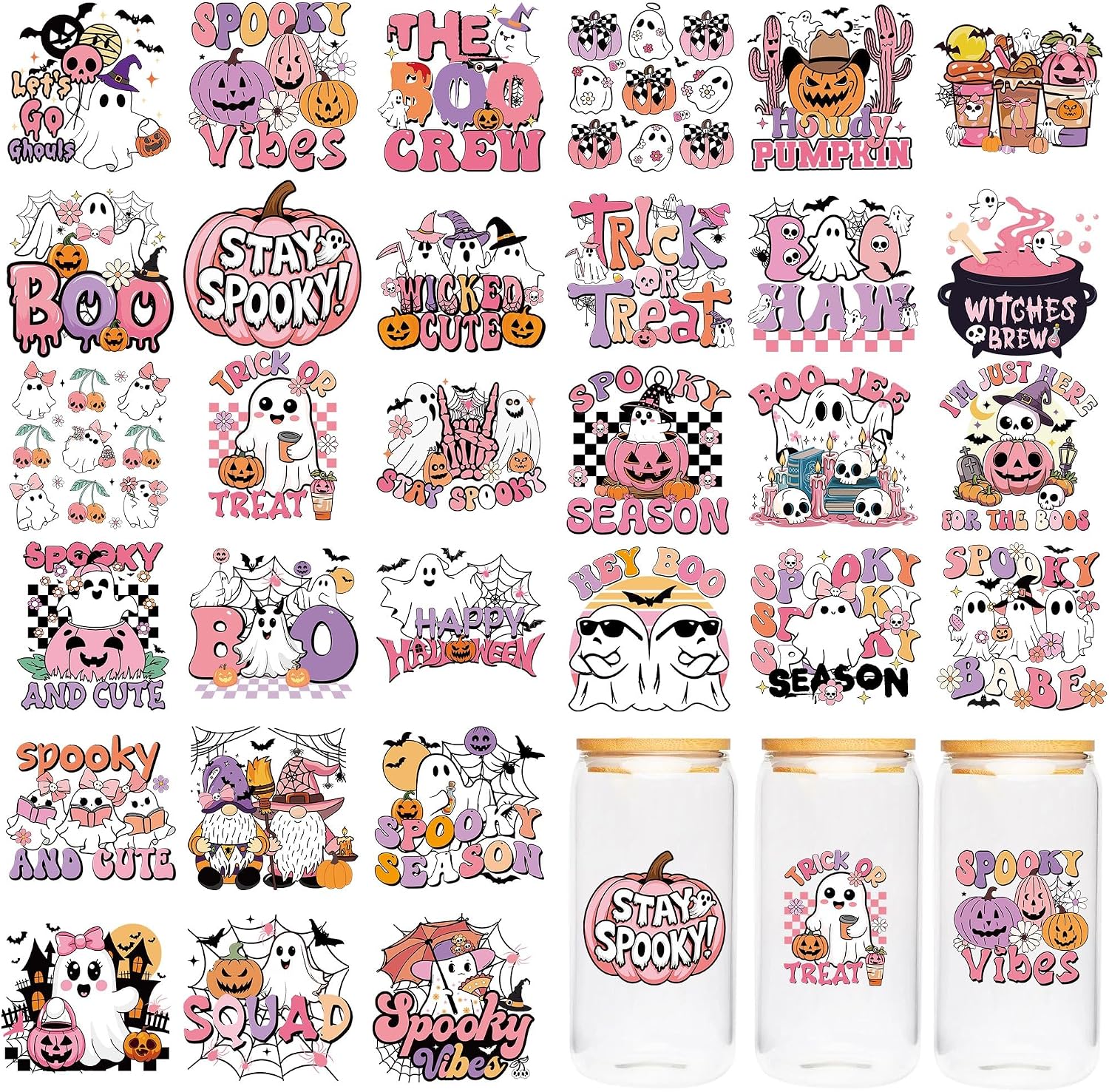 UV DTF Cup Wraps - 30 Sheet Halloween UV DTF Transfer Decals, Cute Ghost UVDTF Cup Wraps for Glass, Fun Waterproof Transfer Sticker, Pink Festival DIY Crafts