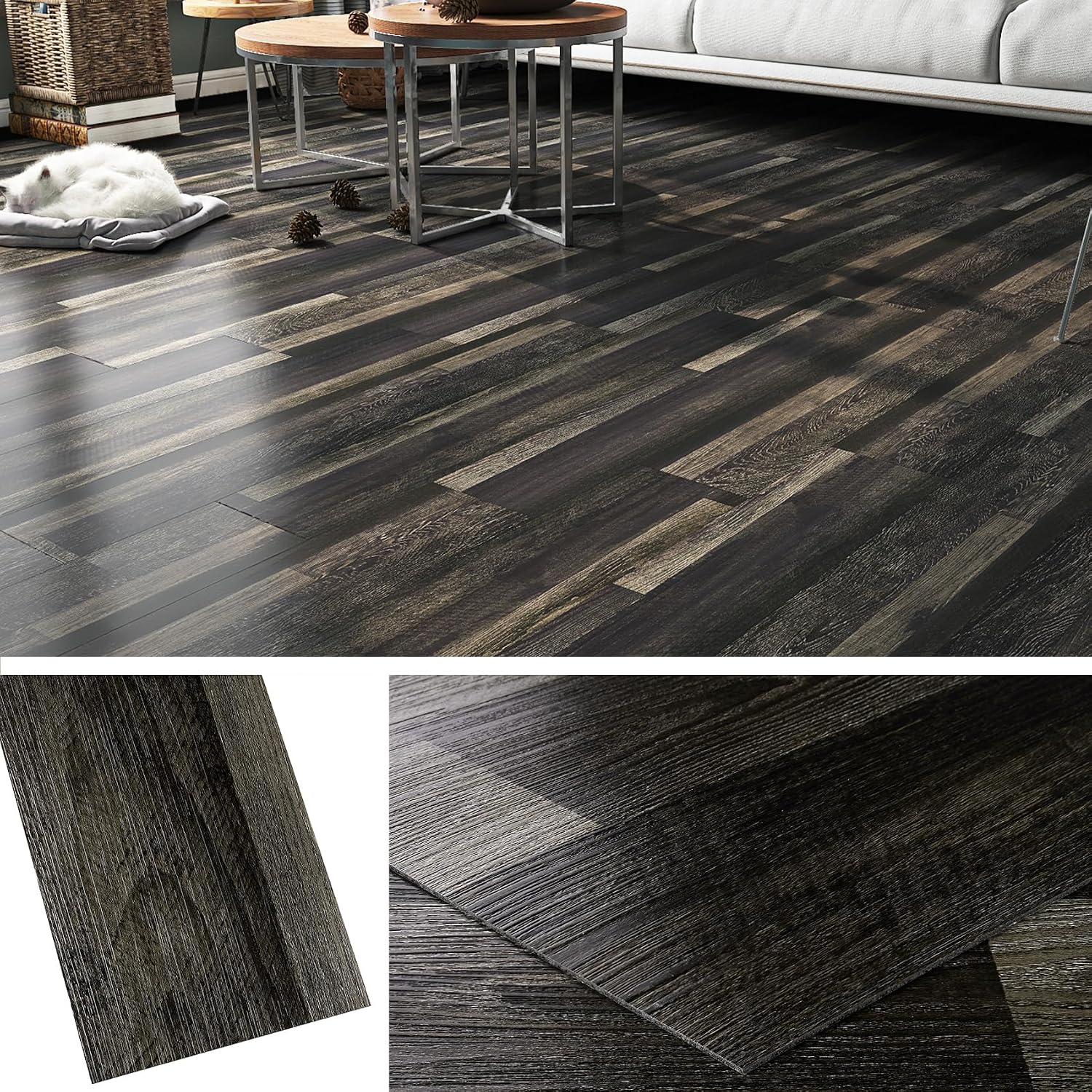 Livelynine 18-Pack 6x36" Peel and Stick Floor Tile Black Reclaimed Wood Luxury Vinyl Plank Flooring Waterproof Dark Wood Floor Tiles for Bathroom Basement Self Adhesive Vinyl Flooring Planks Laminate