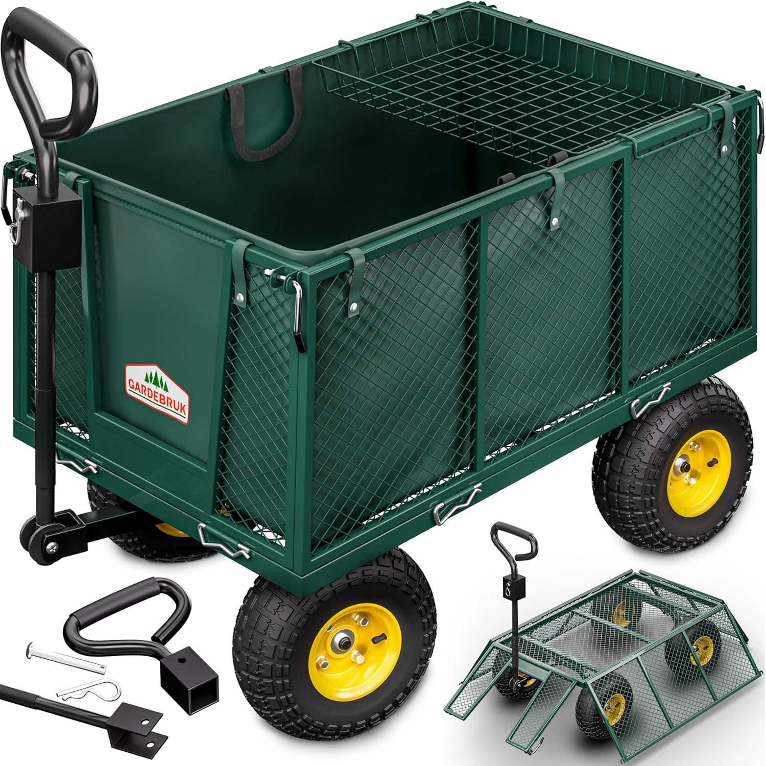 Gardebruk® Heavy Duty Metal 4 Wheel Garden Trolley with Pull Handle | 550kg Load Foldable Wagon With Removable Tarpaulin | Gardening Equipment Transport Handcart Beach Shopping | Green