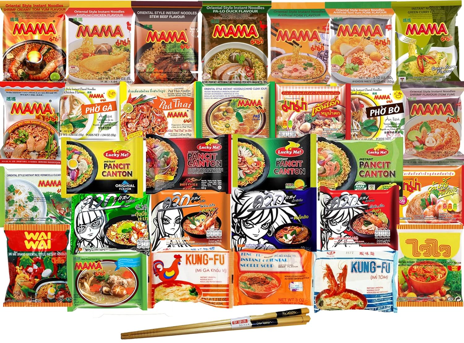 Bulk Ramen Noodles Mystery Box Variety Pack of 30 with 5 or more Flavors of Instant Noodle and Premium Reusable Chopsticks