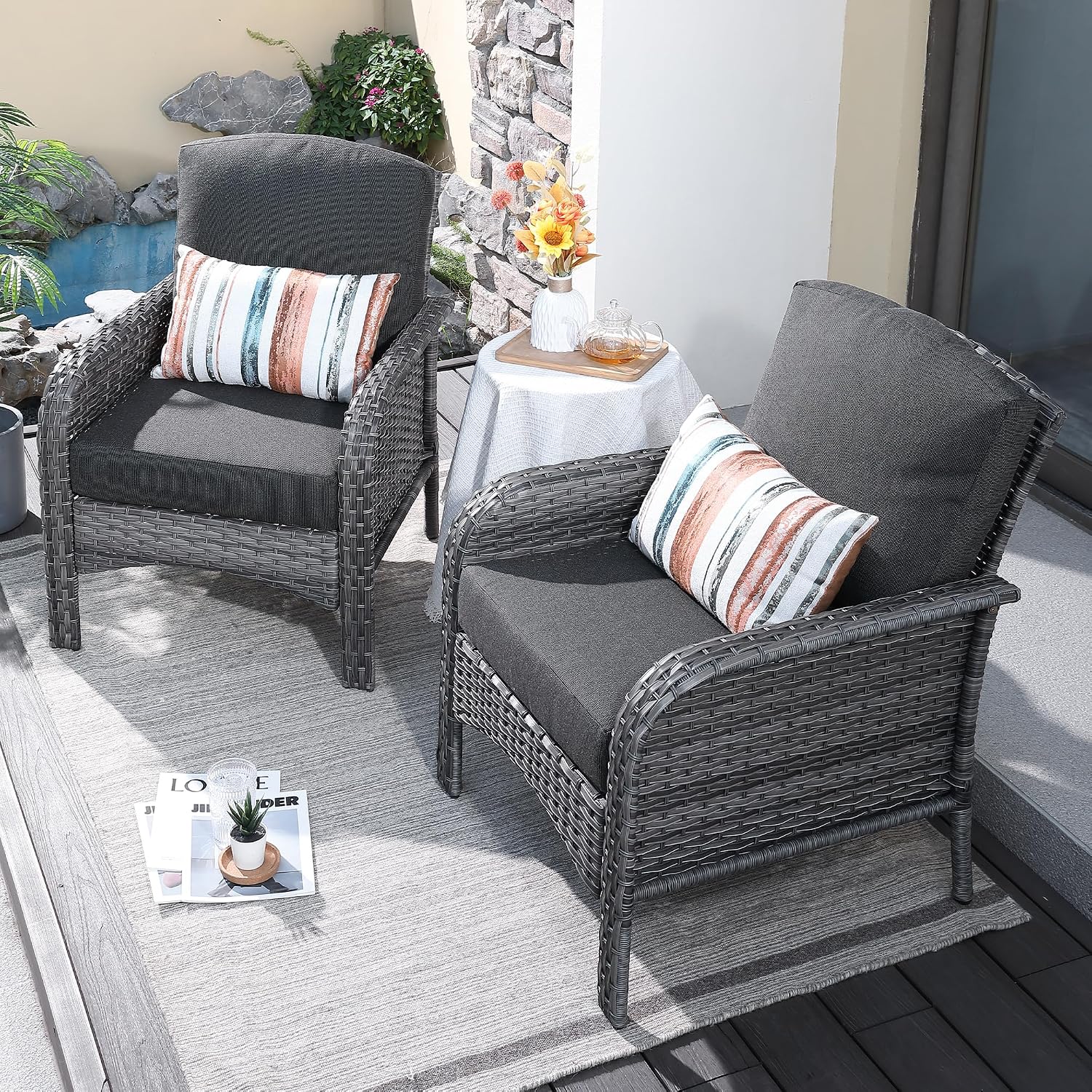 ovios 2-Piece Patio Furniture Set, Outdoor Wicker Sofa with Chairs, High Back Rattan Chair with Comfy Cushions for Porch Yard Deck, Black