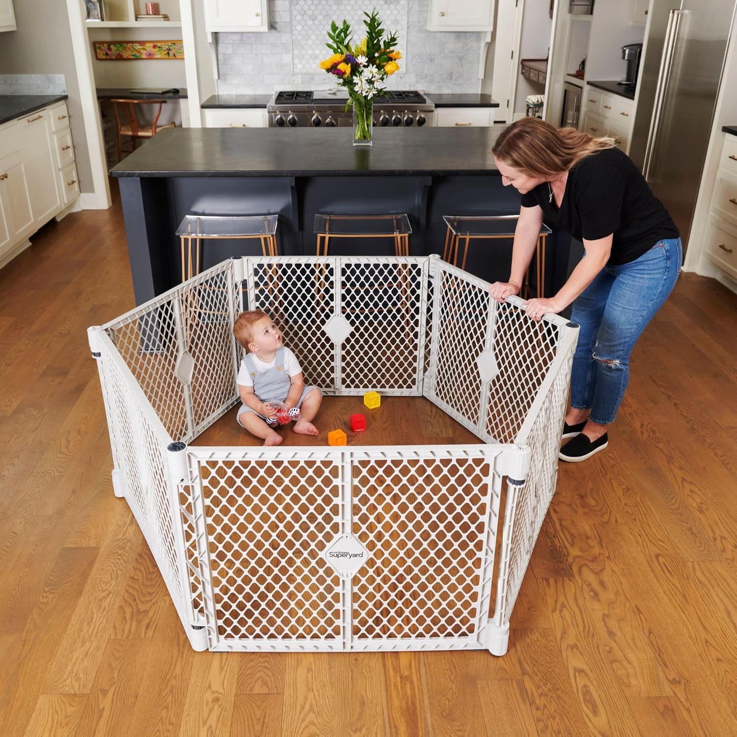 Toddleroo by North States - Superyard Baby Play Yard: Freestanding 6-Panel Baby Playpen - Indoor or Outdoor Use - Made in USA - Encloses Up to 18.5 Square Feet - 26 Inches Tall - Light Gray