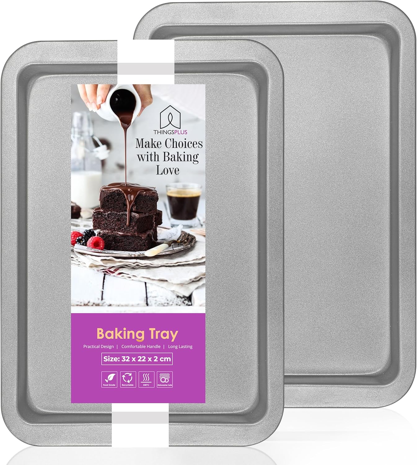 ThingsPlus Set of 2 Baking Trays for Oven Non Stick, Premium Carbon Steel Oven Trays Non Stick with Teflon Coating, Durable & Easy-Clean NonStick Baking Tray Set for Cookies & Savories (32x22x2cm)
