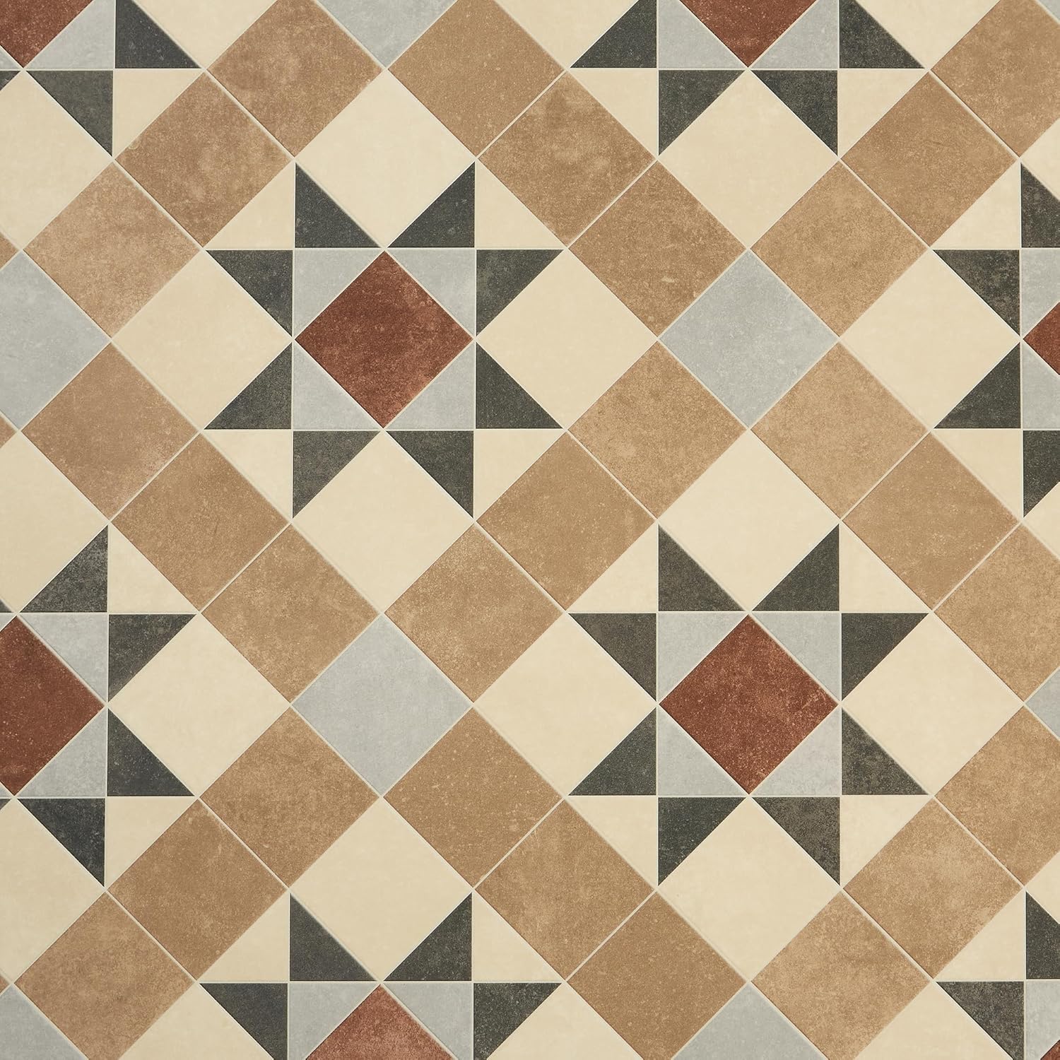 Tile Effect Vinyl Flooring Roll Brown & Beige Victorian Felt Back Lino Flooring for Kitchens, Bathrooms and Hallways 2m 3m Width 2m To 7m Length (Brindley, 4.5m x 2m)