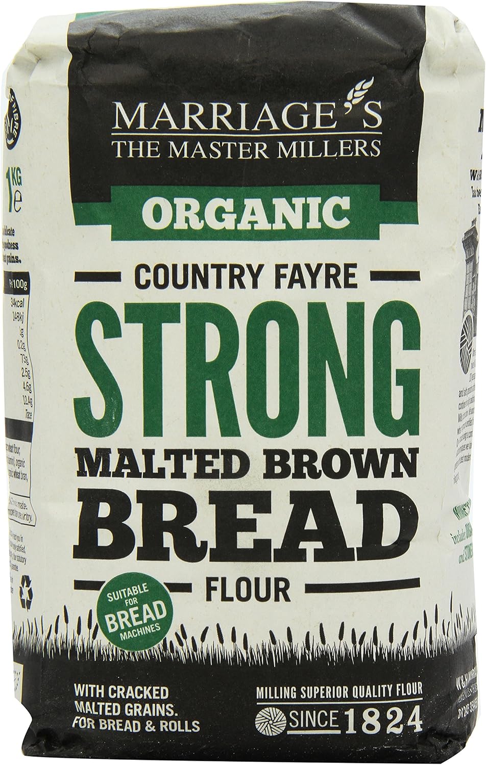Marriages Organic Country Fayre Strong Malted Brown Bread Flour 1 kg (Pack of 6)
