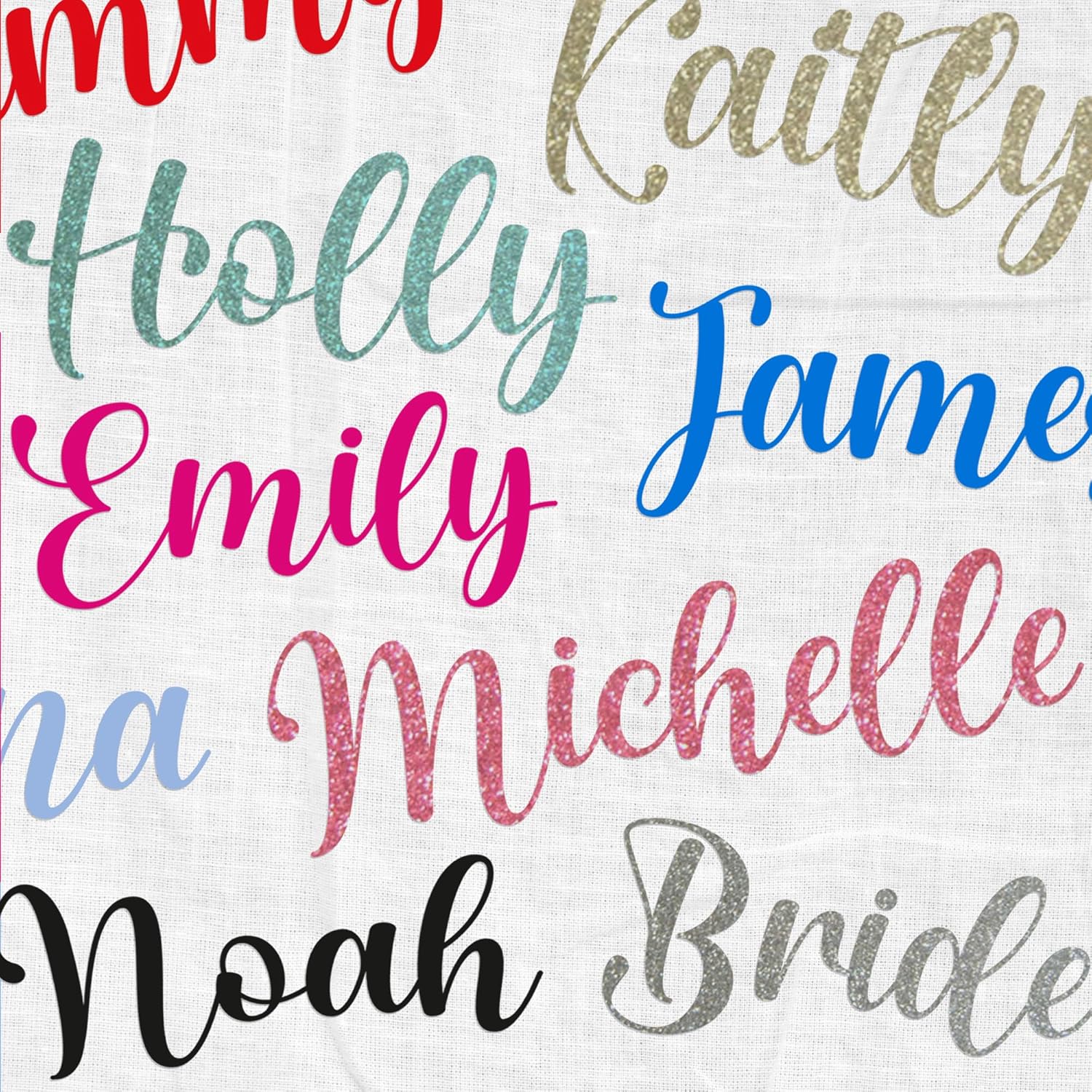 Custom Iron-On Name, Script Font Glitter & Matte HTV Sticker, Personalised Heat Transfer Vinyl, Decal for Tote Bags, Hen Tees, Baby Grows