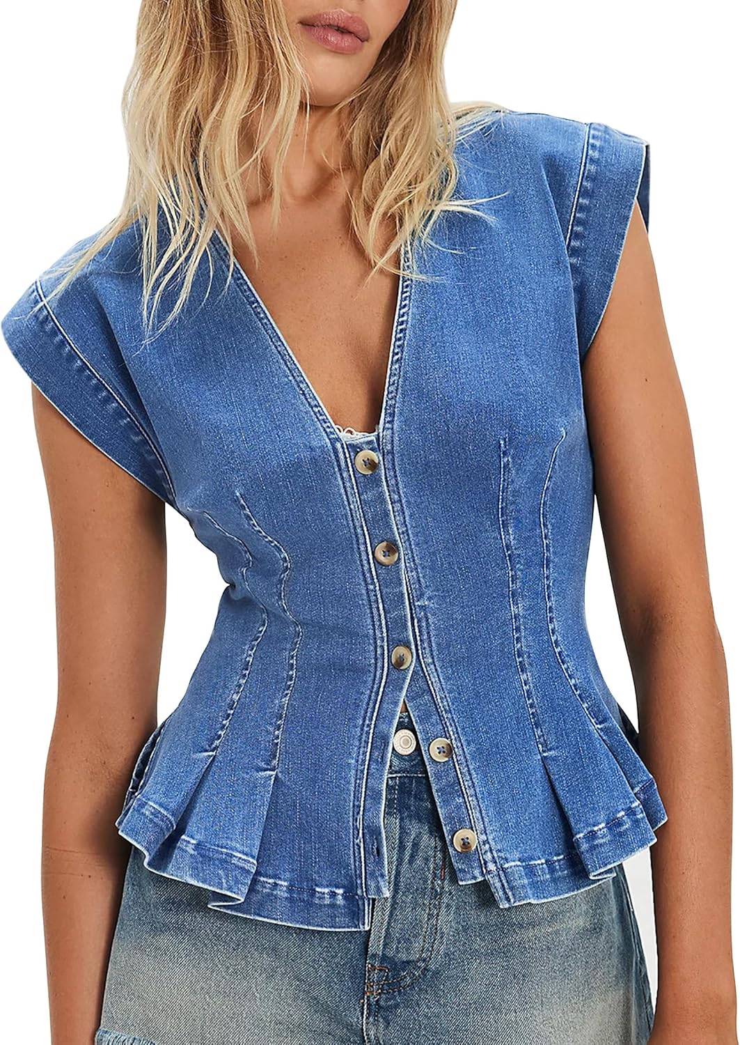 Women's Denim Vest Trendy 2026 Cap Sleeve Deep V Neck Button Down Jean Vest Tops for Women Summer Crop Waistcoat