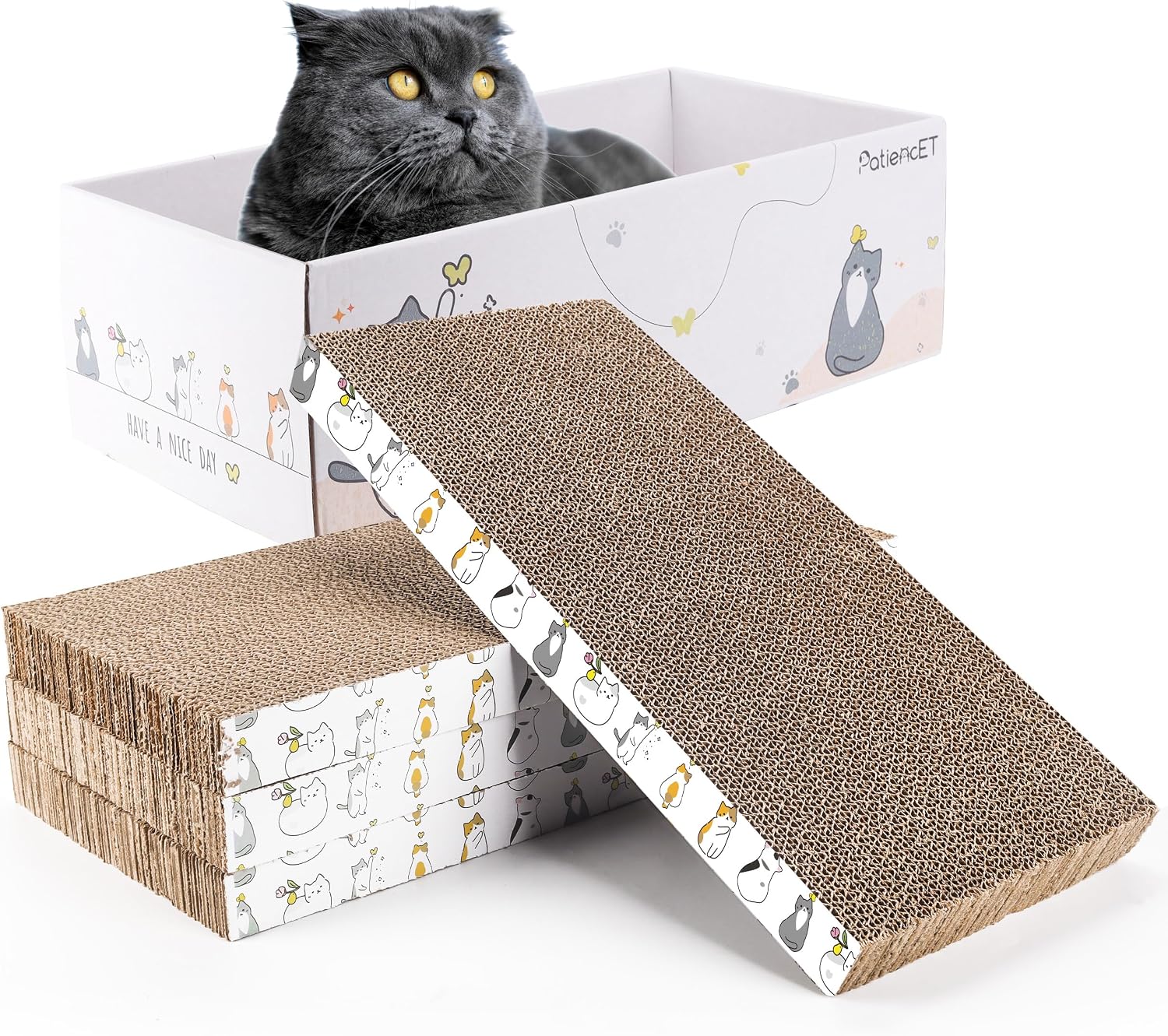 PatiencET Cat Scratch Pad with Box, 4 Pack Cardboard Cat Scratcher Lounge Bed for Indoor Cats, Reversible Corrugated Scratching Board Refill with Catnip