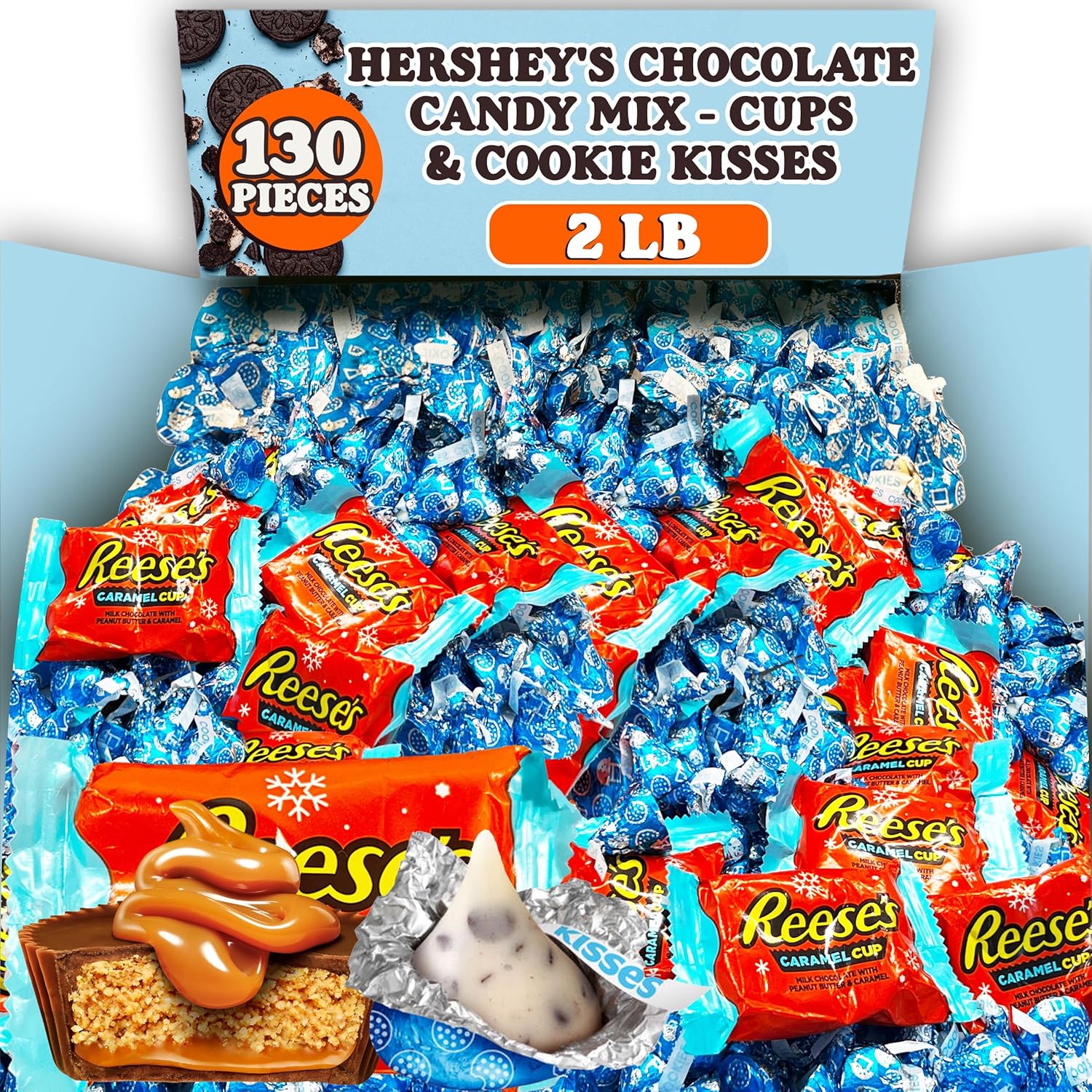 Hershey Chocolate Candy Mix, 2 lb Bulk, ReesePeanut Butter Caramel Cups, Hershey Cookies and Cream Snowman Kisses, Individually Wrapped Blue Winter Chocolate Treats Candy for Parties and Snacking