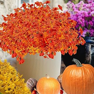 Fall Fake Flowers, 16 Bundles Fall mums, Artificial Fall Flowers for Outdoors Decoration,Orange Faux Flowers for Pot,Window, Front Porch,Thanksgiving,UV Resistant Artificial Outdoor Plants