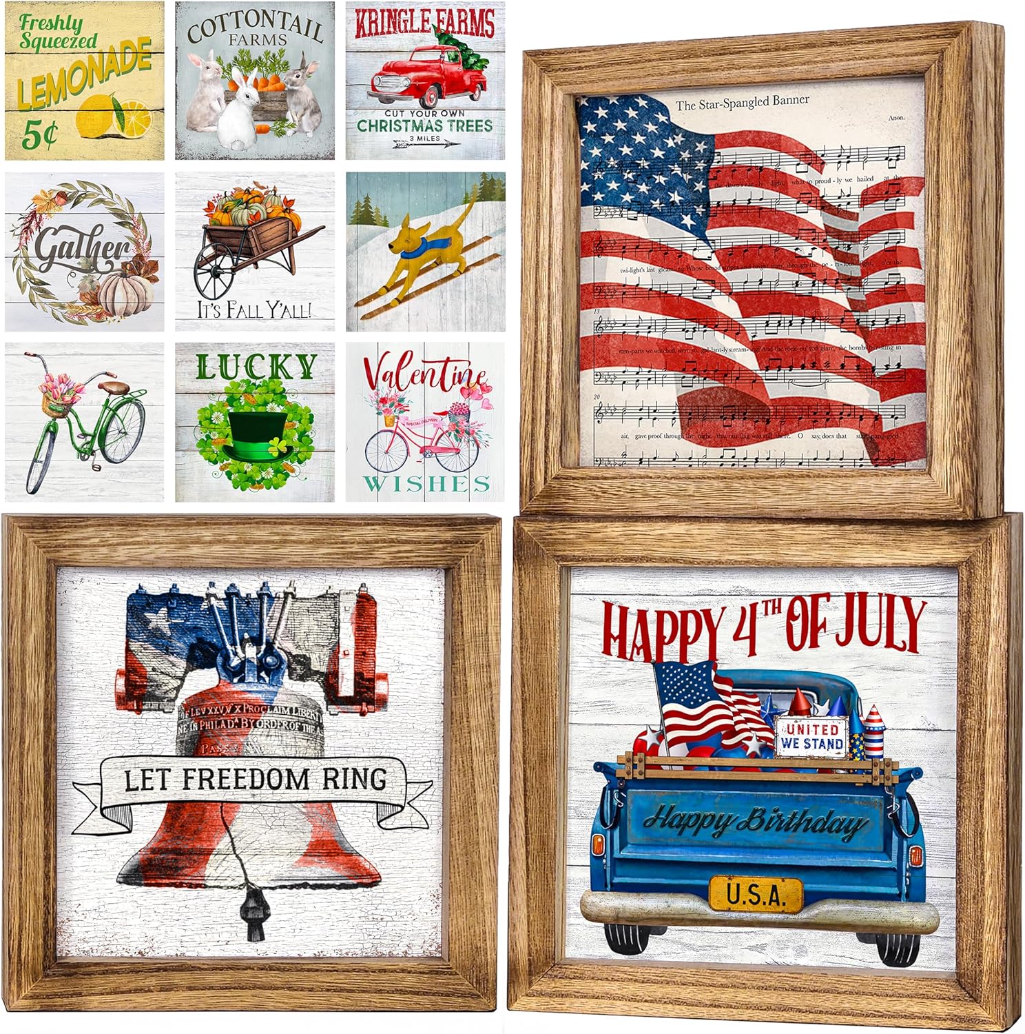 Set of 3 Rustic Wood Frames for Tiered Tray Decor - 36 Interchangeable Seasonal Home Signs for Valentines, St Patrick's Day, All Seasons, 7x7 in