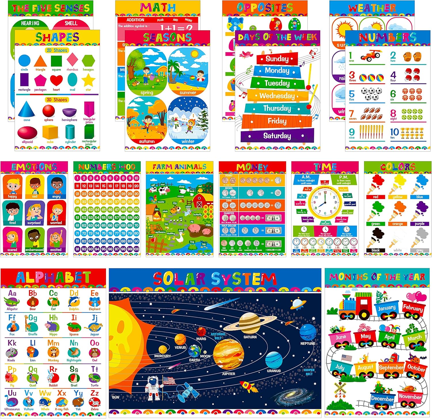 Gethelud 17 Packs Educational Poster, PET Film Covered Preschool Learning Tools for Nursery Kindergarten Toddlers