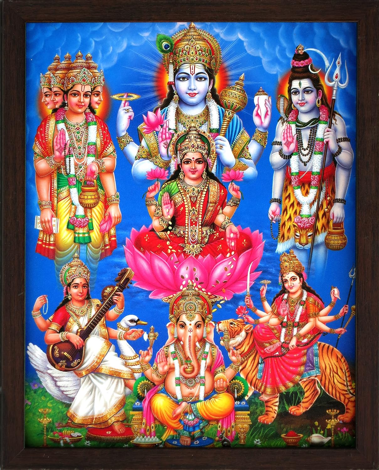 SANVIKA Lakshmi with Vishnu Shiva Ganesha Narad – All Hindu Gods in One Photo Frame for Pooja Room, Home Mandir & Living Room | Indian God Photo Frames | 12 x 9 Inch Acrylic Glass | Diwali Gift