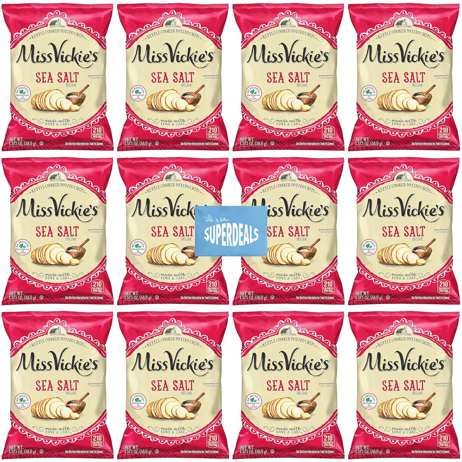Kettle Cooked Potato Chips by Miss Vickie's Value Pack Bundled by SUPERDEALS | 1.375 Oz Bag | Sea Salt | Pack of 12 with mystery bonus gift