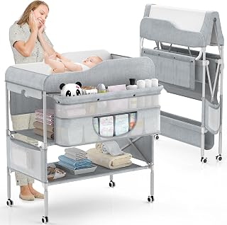 Portable Baby Changing Table, Foldable Changing Table Dresser Baby Changing Station, Height Adjustable Waterproof Diaper Changing Table Pad Topper, Newborn Nursery Organizer