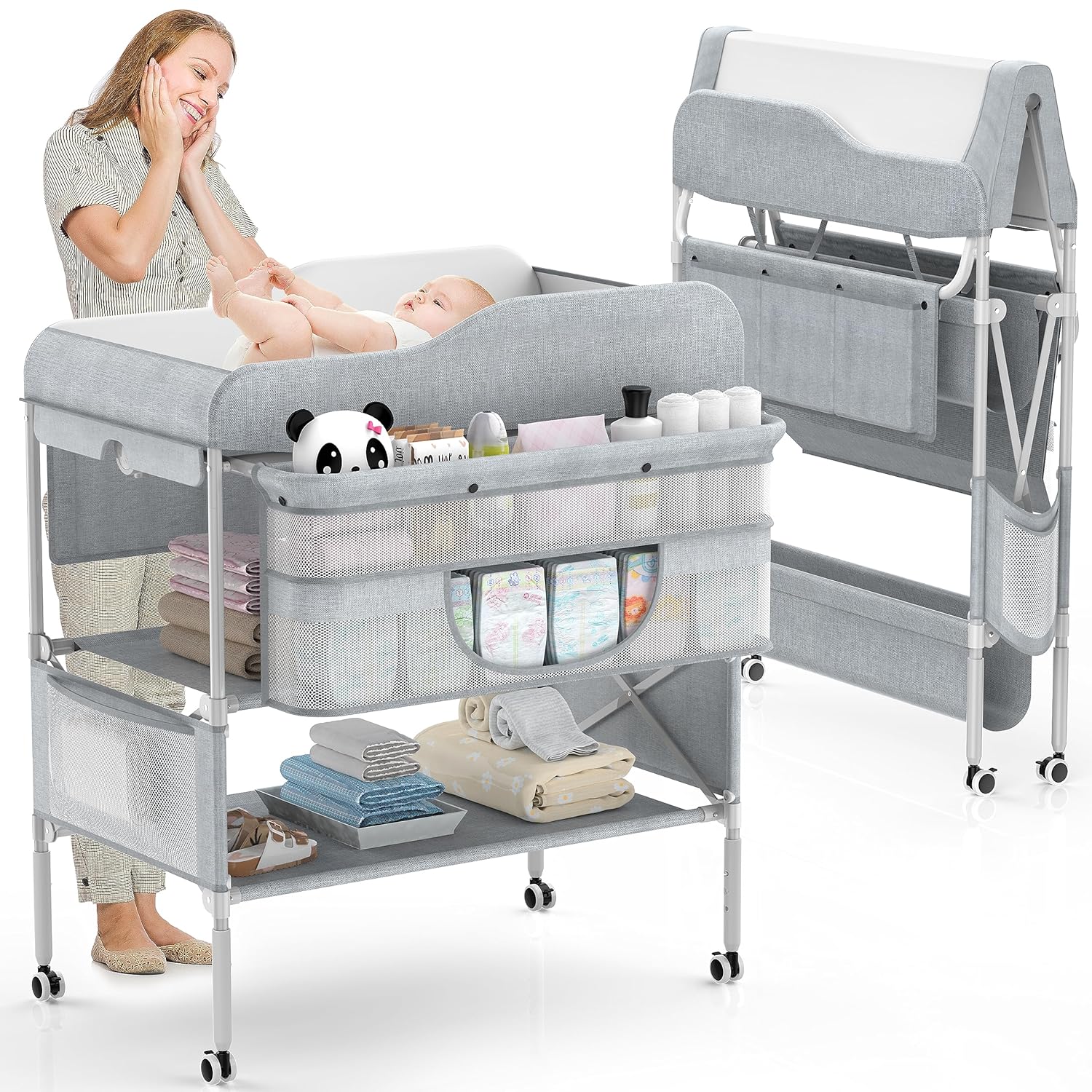 Portable Baby Changing Table, Foldable Changing Table Dresser Baby Changing Station, Height Adjustable Waterproof Diaper Changing Table Pad Topper, Newborn Nursery Organizer