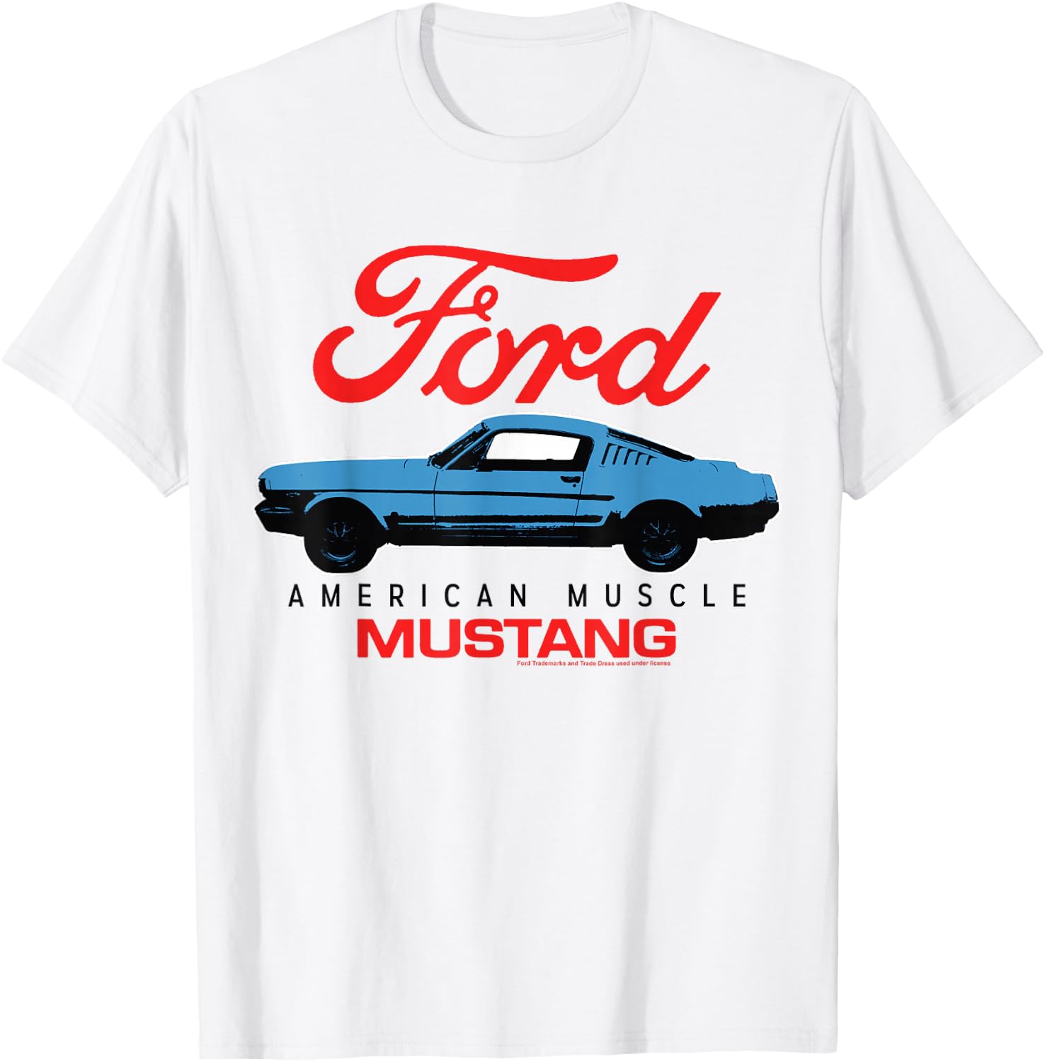 Ford - Blue Mustang American Muscle Car with Red Logo T-Shirt