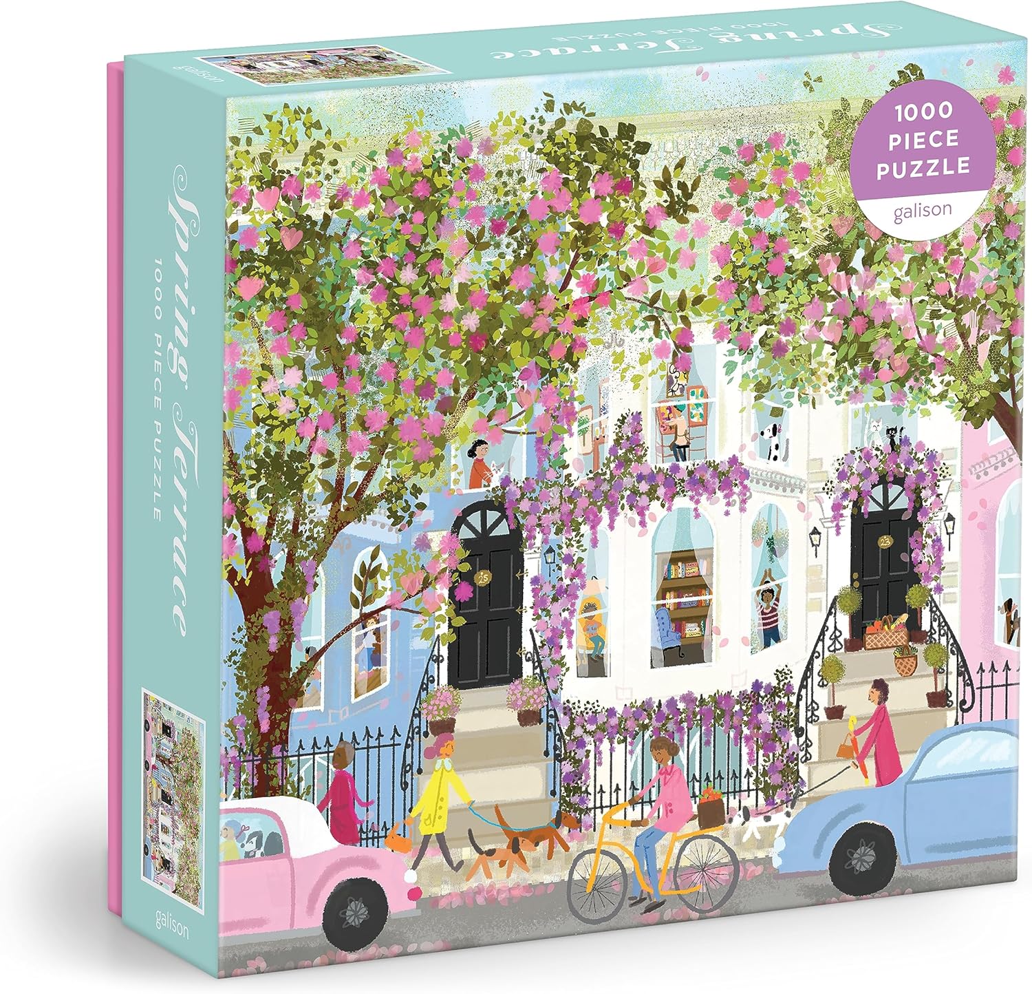 Galison Spring Terrace – 1000 Piece Joy Laforme Puzzle Featuring a Magnolia Filled Neighborhood Day On A Spring Day