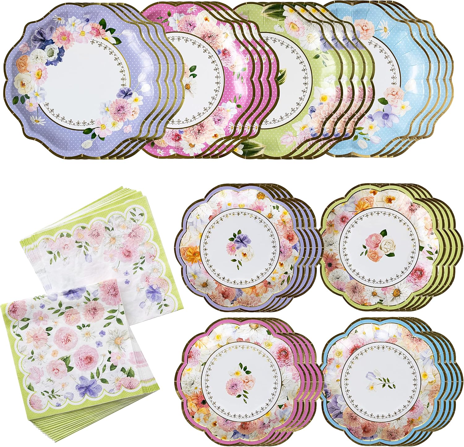 Kate Aspen Tea Party Decorations Tableware Set (62 Pc, 16 Guests), Colorful Pastel Party Supplies for Bridal Showers, Baby Shower, Garden Party, Birthdays