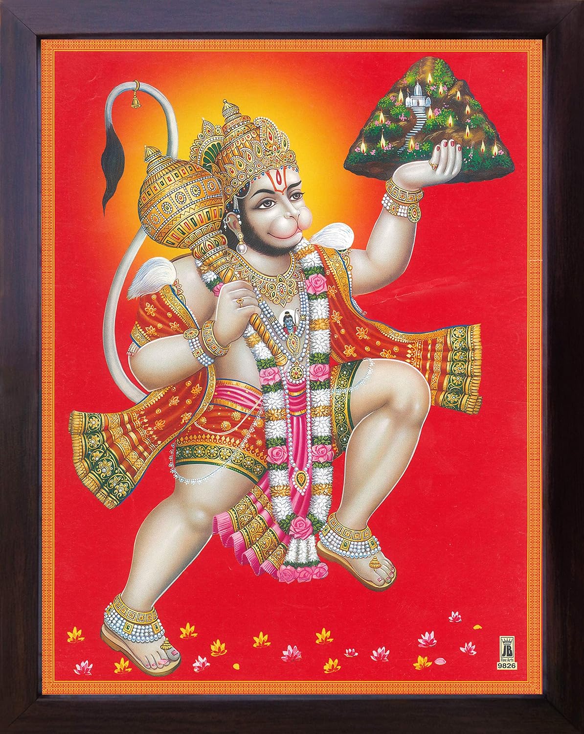 SANVIKA Hanumna Lifting the Dronagiri Mountain to Save Laxman Life, a Holy Hindu Religious Poster Painting with Frame for Worship Purpose (220-16)