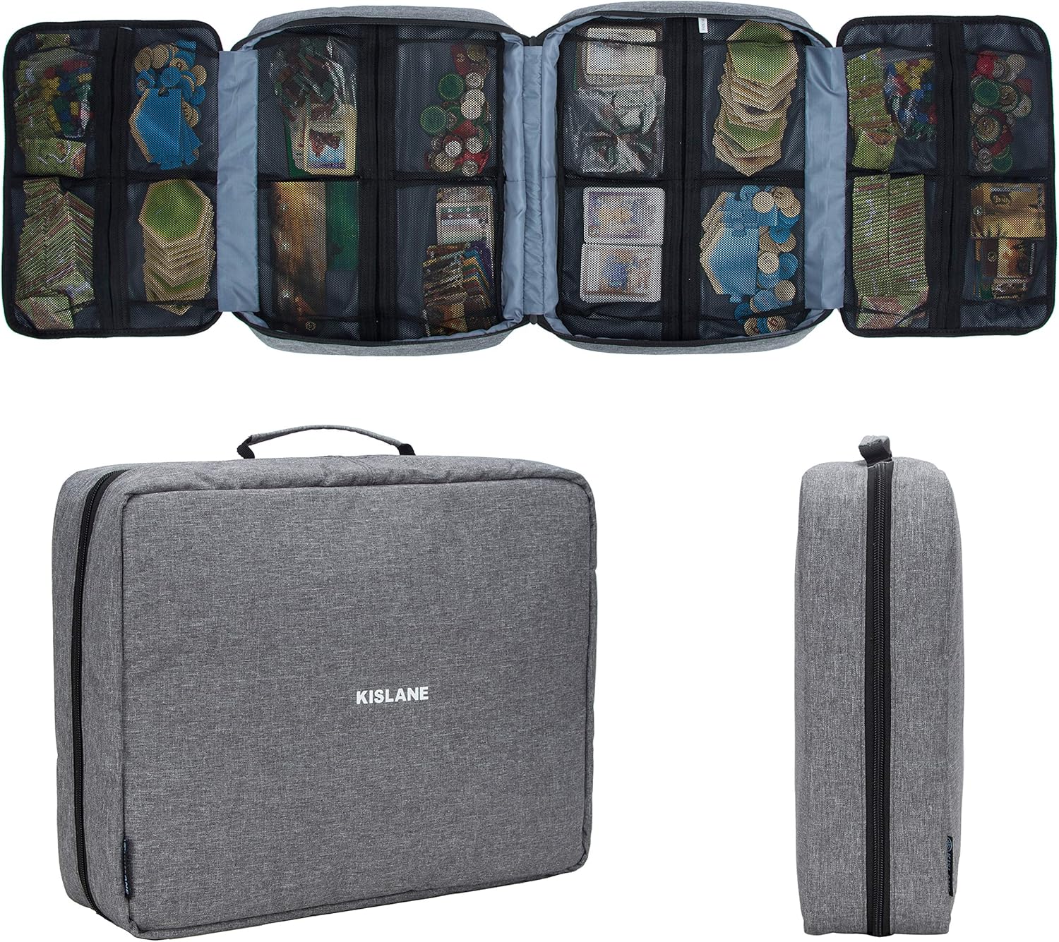 KISLANE Board Game Carrying Case with 18 Pockets for Board Games, Pieces, Tokens, Cards and More, Expandable Board Game Storage Solution for Travel, Party, Gathering (Grey)