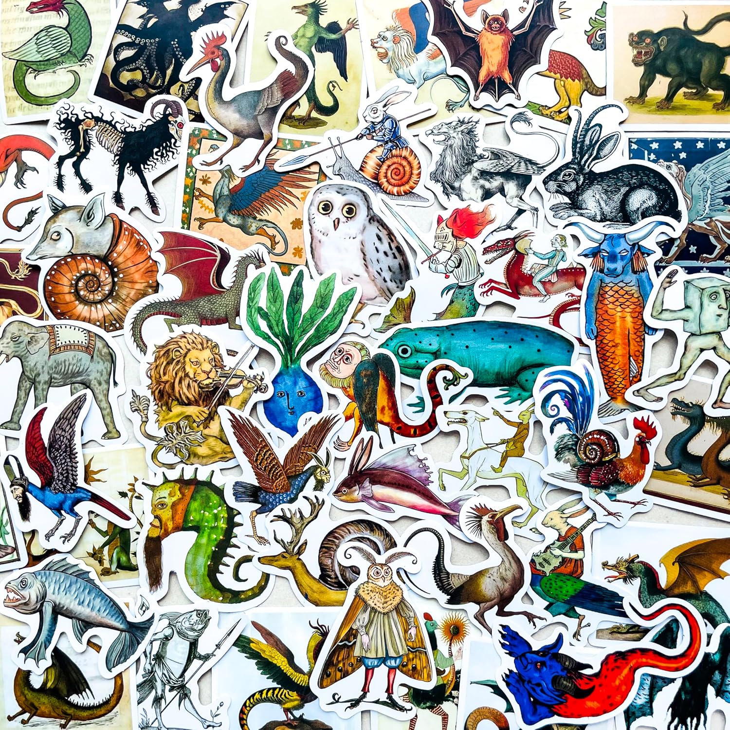 50 Pcs Medieval Creatures Stickers – Vintage Fantasy Mythical Monster Decals for Scrapbooking, Journaling, Laptops, Gothic Aesthetic, Medieval Art Vinyl Sticker Pack