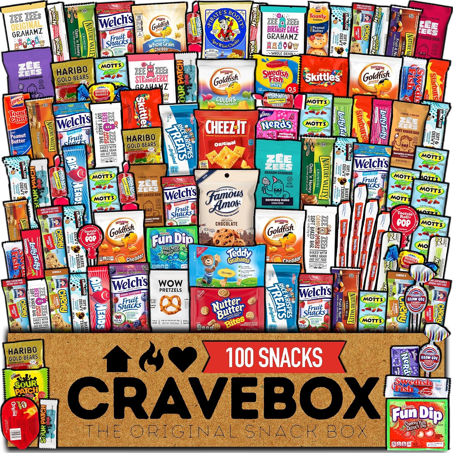 CRAVEBOX Snack Box (100 Count) Father's Day Variety Pack Care Package Gift Basket Adult Kid Guy Girl Women Men Birthday College Student Office College Back to School
