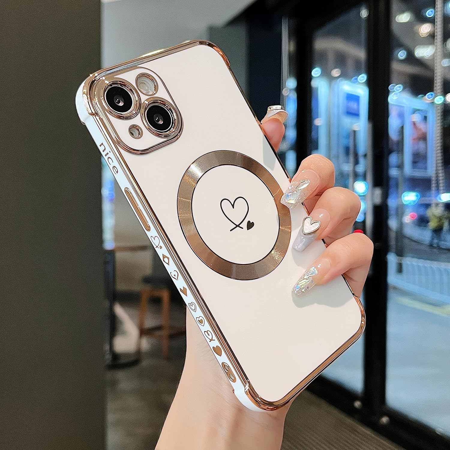 ZTOFERA Magnetic Case for iPhone 14+ / 14 Plus Compatible with MagSafe, Flexible Soft Silicone Protective Phone Case with Cute Love Heart Pattern Golden Rim Shockproof Bumper Cover, White